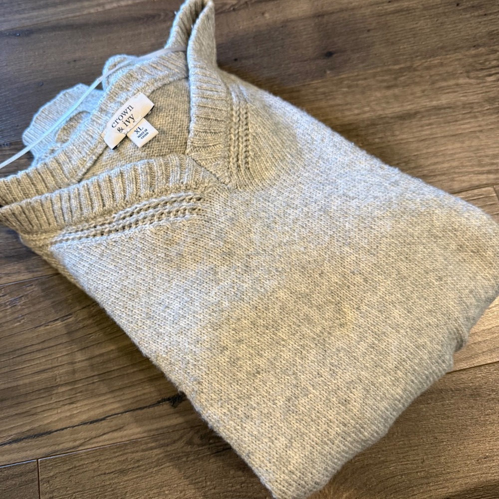 Crown & Ivy Gray V-Neck Sweater Pearl Embellished Cable Knit‎ Balloon Sleeve XL